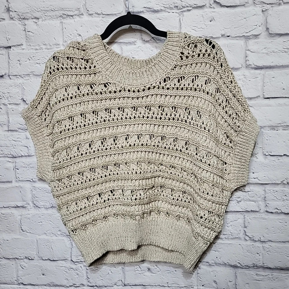 Rachel Zoe Sleeveless KnitSweater M Tan Oatmeal Crop Gold Threading‎ NWT - Picture 1 of 9